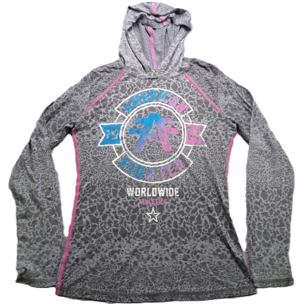 American Fighter Women Hoodie Shirt Paper Thin Animal Print Lightweight Gray L/G